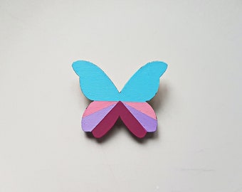 Handmade colorful geometric butterfly pin, hand painted butterfly wooden brooch, cute insect badge, rave accessories, unique gifts for her