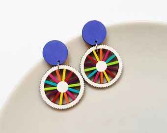 Hand painted rainbow spike earrings, handmade colorful wood earrings, fun statement jewelry, festival accessories, unique gifts for her