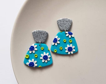 Blue floral trapezoid dangle earrings, geometric statement jewelry, colorful festival accessories, artsy fashion, unique gifts for her