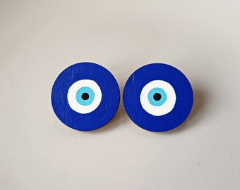 Evil eye wooden stud earrings, hand painted statement jewelry, festival accessories, artsy fashion, street wear, unique gifts for her