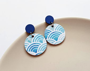 Handmade blue wavy earrings, hand painted watercolor wood and paper jewelry, festival accessories, street wear, unique gifts for her