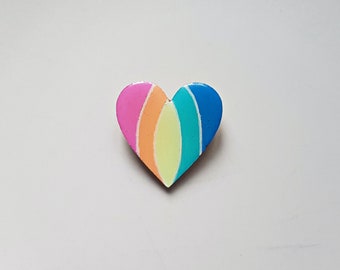 Handmade pastel heart pin, hand painted rainbow heart wooden brooch, colorful festival accessories, artsy fashion, unique gifts for her
