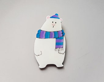 Handmade bear pin, hand painted polar bear wooden brooch, arctic animal badge, nature inspired illustration jewelry, funny bear accessories