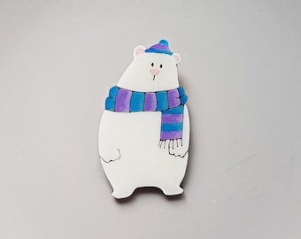 Handmade bear pin, hand painted polar bear wooden brooch, arctic animal badge, nature inspired illustration jewelry, funny bear accessories