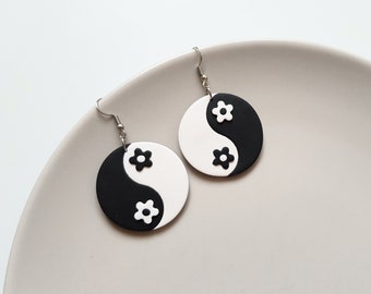 Handmade yin yang clay earrings, retro jewelry, indie aesthetic festival accessories, inspired 60s fashion, street wear, unique gift for her