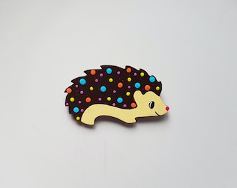 Handmade hedgehog pin, hand painted hedgehog wooden brooch, woodland animal badge, colorful whimsical rave accessories, unique gifts for her