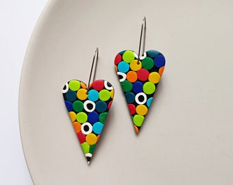 Funky heart hoop earrings with colorful polka dots pattern, retro jewelry, indie aesthetic festival accessories, unique gifts for her