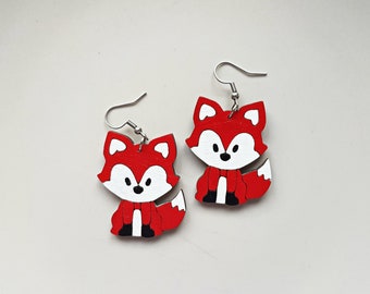 Hand painted fox wooden earrings, handmade statement jewelry, woodland animal festival accessories, artsy fashion, unique gifts for her