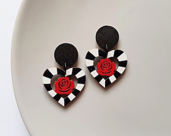 Hand painted heart wooden earrings, handmade red rose statement jewelry, goth festival accessories, retro fashion, unique gifts for her