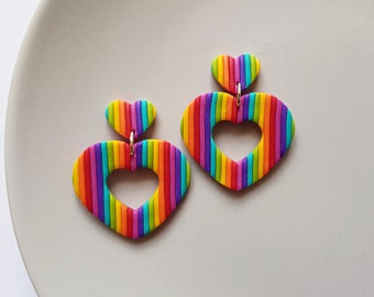 Rainbow striped heart hoop earrings, polymer clay earrings, retro earrings, statement earrings, 60s 70s earrings, valentine gift for her