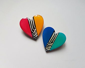 Handmade two tone heart pin, hand painted boho heart wooden brooch, bright colorful festival accessories, artsy fashion, unique gift for her