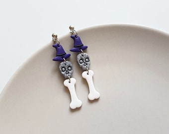 Handmade witch skeleton clay earrings, Halloween aesthetic witchy jewelry, fall festival goth accessories, spooky vibes, unique gift for her