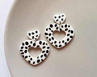 Handmade dalmatian print heart hoop earrings, polymer clay statement jewelry, festival accessories, artsy fashion, unique gifts for her