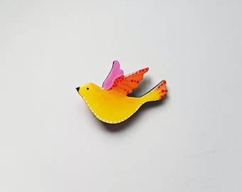 Handmade yellow bird pin, hand painted pigeon wooden brooch, cute dove badge, nature inspired illustration jewelry, festival accessories