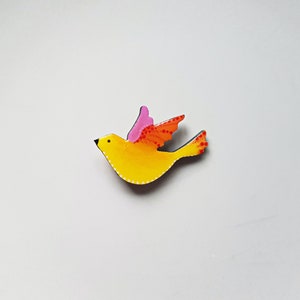 Handmade yellow bird pin, hand painted pigeon wooden brooch, cute dove badge, whimsical design, illustration jewelry, unique gifts for her