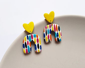 Handmade colorful arch clay earrings, fun statement jewelry, indie aesthetic festival accessories, artsy fashion, unique gifts for her