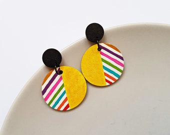 Hand painted rainbow striped round wood earrings, fun colorful statement jewelry, festival accessories, artsy fashion, unique gifts for her