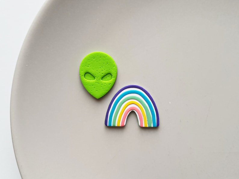 Alien and rainbow mismatched clay earring studs, bright colorful rave accessories, statement jewelry, 80s fashion, unique gifts for her image 1