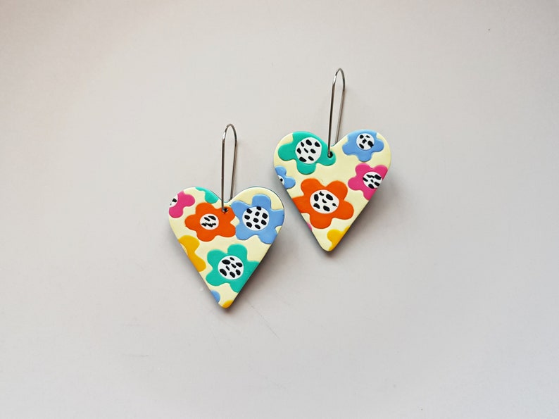 Colorful floral heart earrings, polymer clay hoops, statement jewelry, indie aesthetic rave accessories, artsy fashion, unique gifts for her image 3