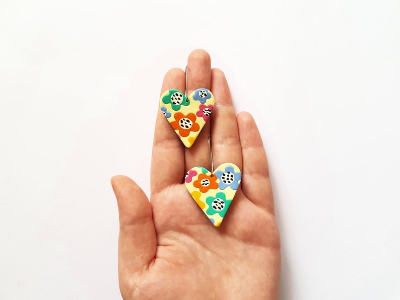 Colorful floral heart earrings, polymer clay hoops, statement jewelry, indie aesthetic rave accessories, artsy fashion, unique gifts for her image 2