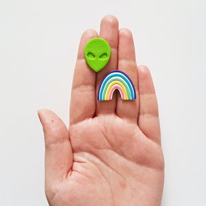 Alien and rainbow mismatched clay earring studs, bright colorful rave accessories, statement jewelry, 80s fashion, unique gifts for her image 2