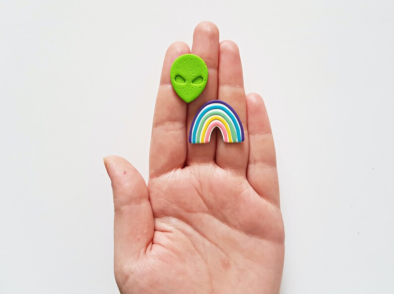 Alien and rainbow mismatched clay earring studs, bright colorful rave accessories, statement jewelry, 80s fashion, unique gifts for her image 2