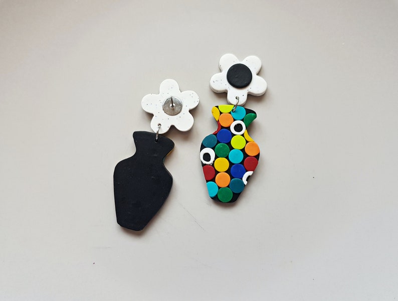 Flower in vase polymer clay earrings, indie aesthetic retro jewelry, bright colorful rave accessories, artsy fashion, unique gifts for her image 5