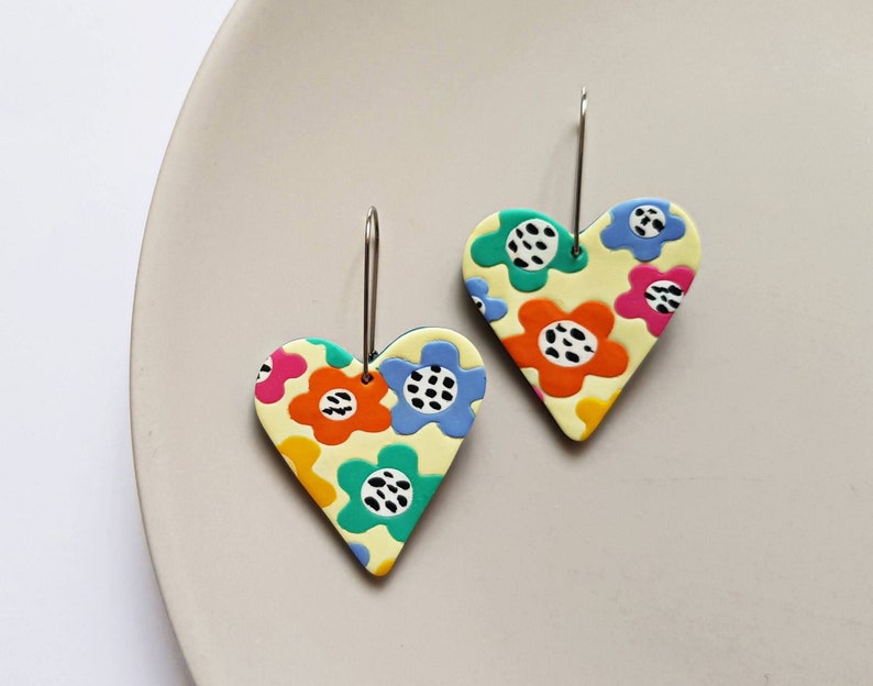 Colorful floral heart earrings, polymer clay hoops, statement jewelry, indie aesthetic rave accessories, artsy fashion, unique gifts for her image 1