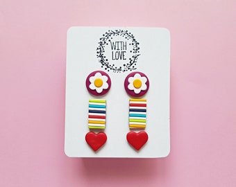 Handmade colorful stud earring pack, polymer clay retro jewelry, indie aesthetic festival accessories, street wear, unique gifts for her