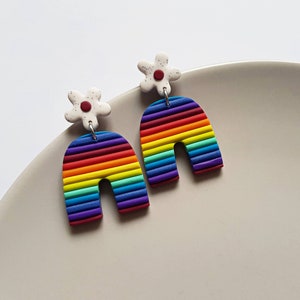 Rainbow striped arch dangle earrings, retro statement jewelry, indie aesthetic rave accessories, bright colorful artsy fashion, street wear image 3