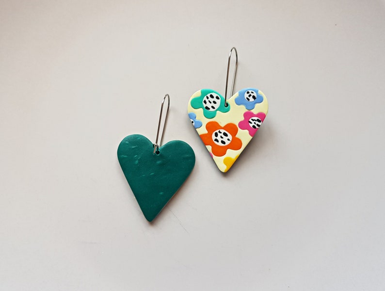 Colorful floral heart earrings, polymer clay hoops, statement jewelry, indie aesthetic rave accessories, artsy fashion, unique gifts for her image 4