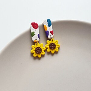 Handmade small sunflower clay earrings, floral statement jewelry, flower rave accessories, artsy fashion, street wear, unique gifts for her image 3