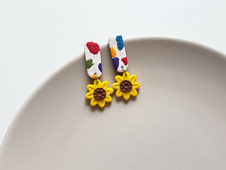 Handmade small sunflower clay earrings, floral statement jewelry, flower rave accessories, artsy fashion, street wear, unique gifts for her image 3