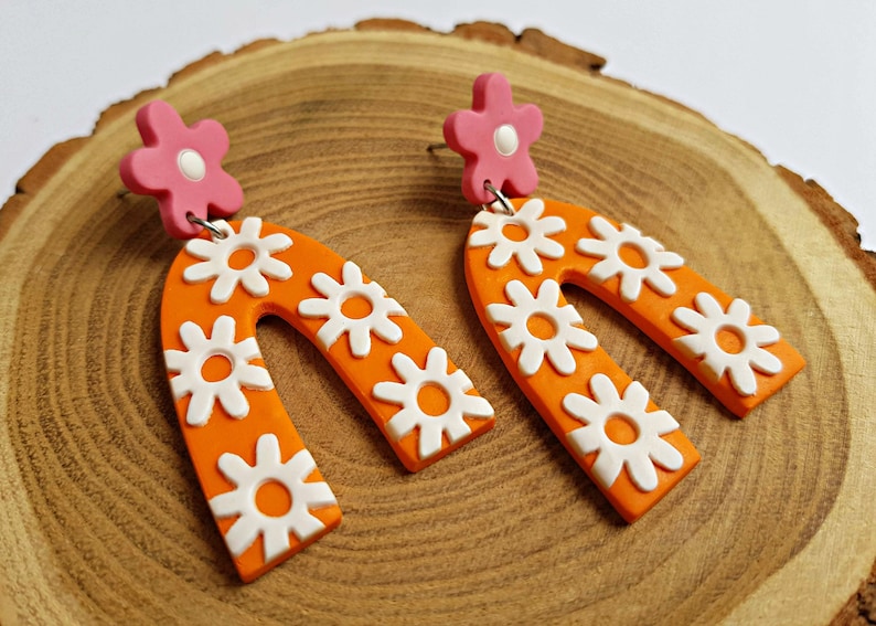 Handmade orange floral arch clay earrings, retro jewelry, indie aesthetic festival accessories, fashion jewellery, unique gifts for her image 4