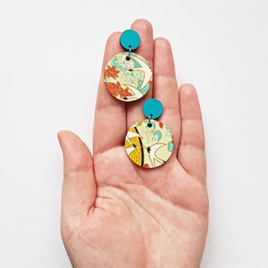 Handmade japanese themed earrings, wood and paper statement jewelry, rave accessories, artsy fashion, street wear, unique gifts for her image 2