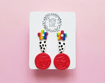 Rainbow daisy, dalmatian heart and abstract face stud earring pack, colorful statement jewelry, handmade rave accessories, artsy fashion