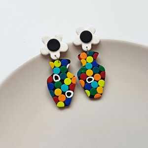 Flower in vase polymer clay earrings, indie aesthetic retro jewelry, bright colorful rave accessories, artsy fashion, unique gifts for her image 3