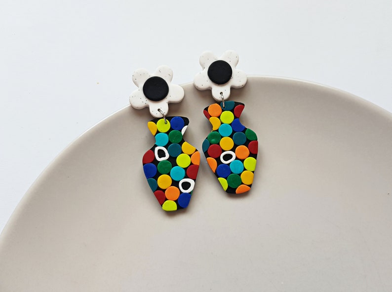 Flower in vase polymer clay earrings, indie aesthetic retro jewelry, bright colorful rave accessories, artsy fashion, unique gifts for her image 3