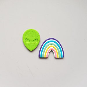 Alien and rainbow mismatched clay earring studs, bright colorful rave accessories, statement jewelry, 80s fashion, unique gifts for her image 4