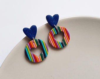 Multicolor striped open circle dangle earrings, colorful retro jewelry, indie aesthetic festival accessories, unique gifts for her