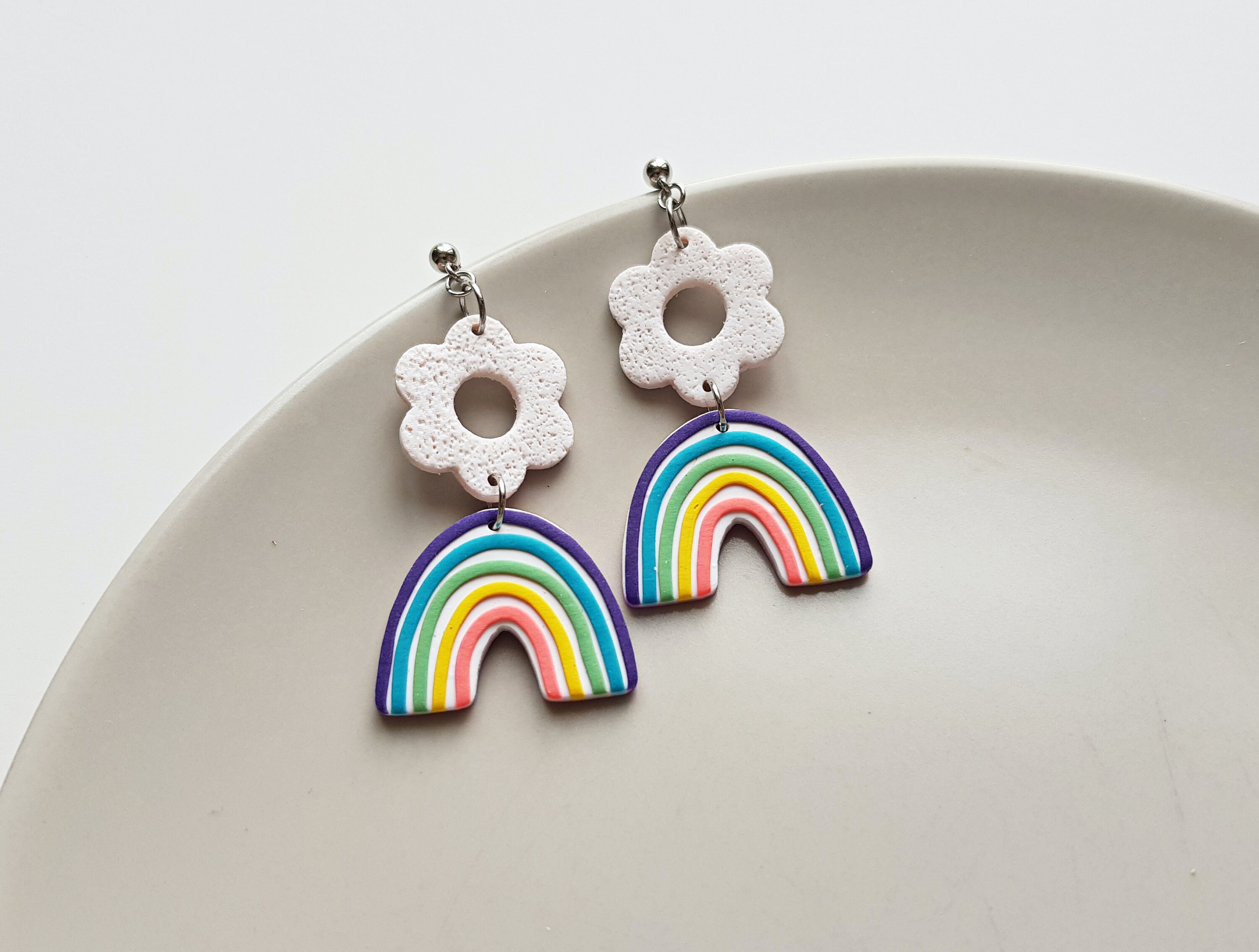 Flower and rainbow tiered earrings, handmade statement jewelry, indie  aesthetic festival accessories, retro fashion, unique gifts for her