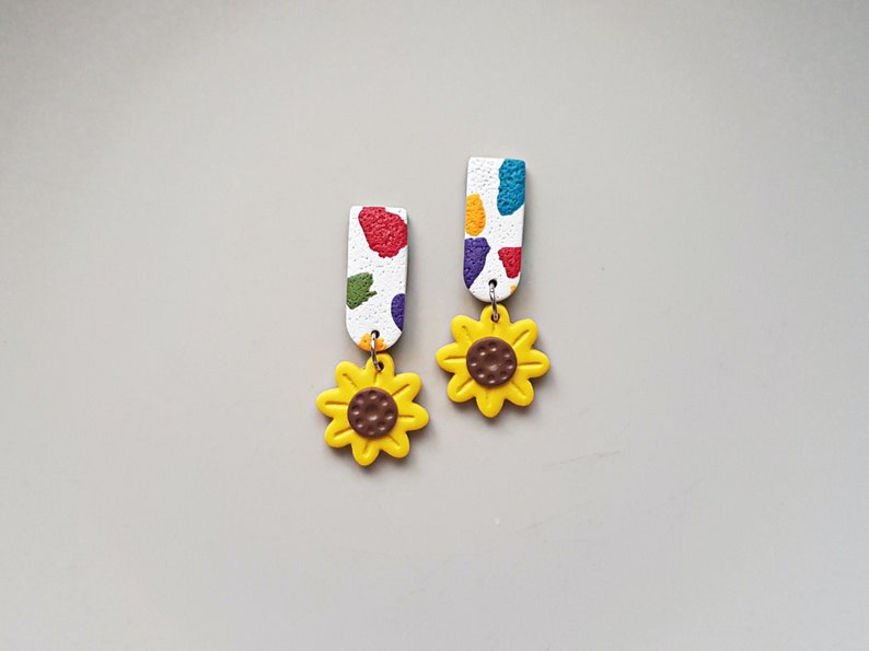 Handmade small sunflower clay earrings, floral statement jewelry, flower rave accessories, artsy fashion, street wear, unique gifts for her image 1