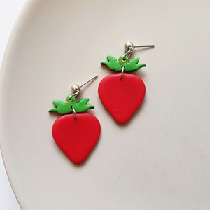 Handmade strawberry clay earrings, fruit jewelry, festival accessories, colorful artsy fashion, statement earrings, unique gifts for her