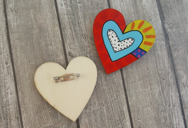 hand painted brooch broken heart backpack pins Large wooden heart heart shaped pin wood shawl pin modernist brooch cloak pin