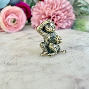 Cheeky Monkey with a peach, macaque figures, Metal Monkey Figurine, Tabletop decoration, Vintage Cast Brass, Monkey Sitting Peach miniature