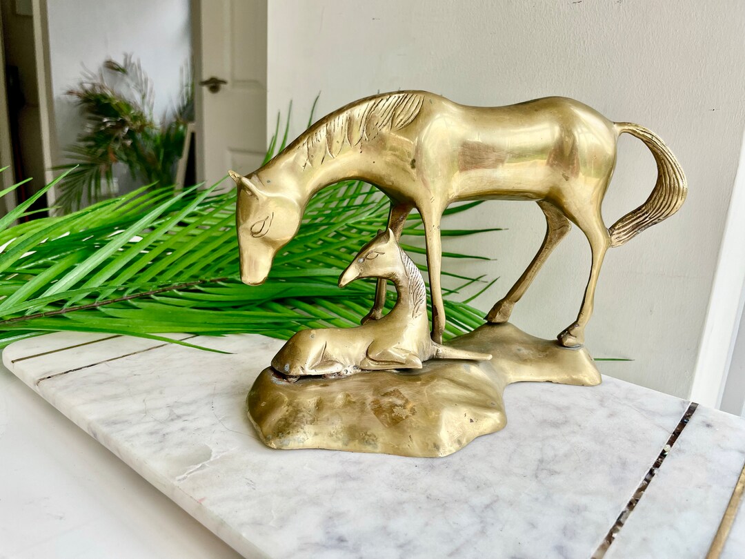 Vintage Solid Brass Horse Sculpture Statue, Mare and Colt Equine Art