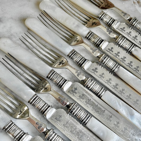 Antique Lee & Wigfull Sheffield Engraved Silver Plated Dessert Knives and Forks With Mother Of Pearl Handles 6 sets