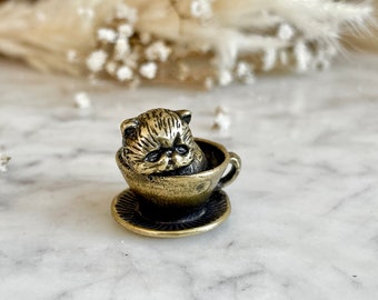 Adorable solid brass kitten in a cup statuette, little metal cat figurine, cute little Persian kitty miniature, thoughtful gift cat lover