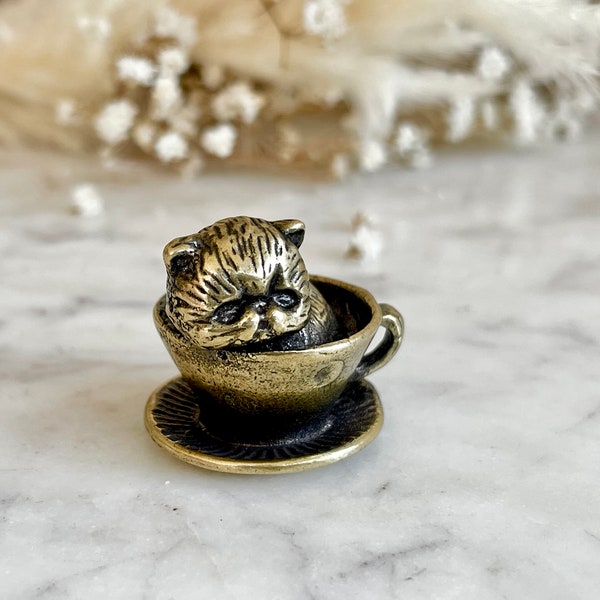 Adorable solid brass kitten in a cup statuette, little metal cat figurine, cute little Persian kitty miniature, thoughtful gift cat lover