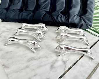 Vintage Set of 6 French Silver Plate Wild Boar by SILEA, Jeu 6 Couteaux Sanglier